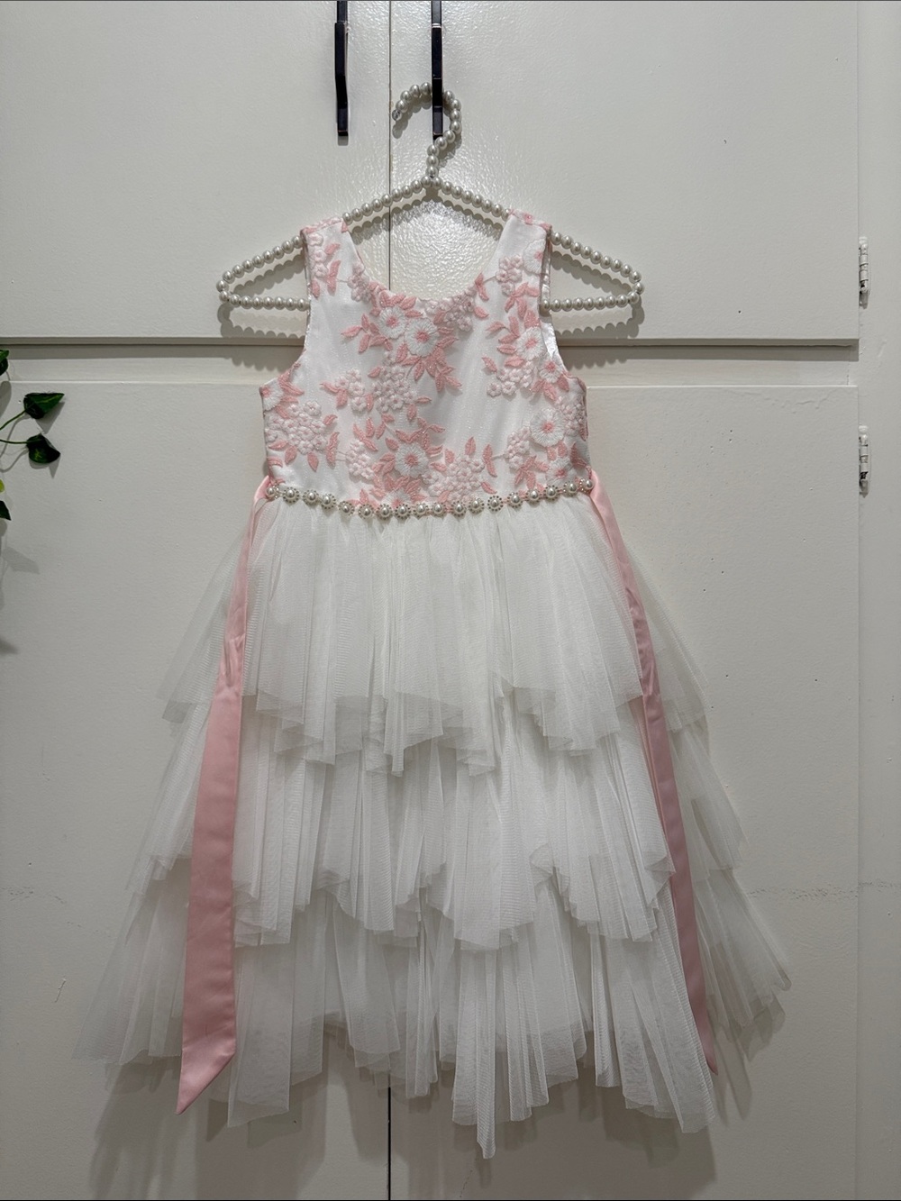 American Princess White and Pink Floral Tulle Dress with Pearl Waist